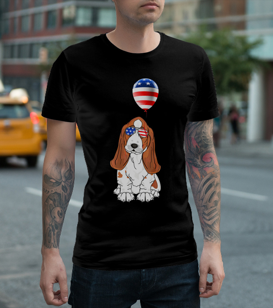 Basset Hound 4th of July USA Balloon and Sunglasses T-Shirt