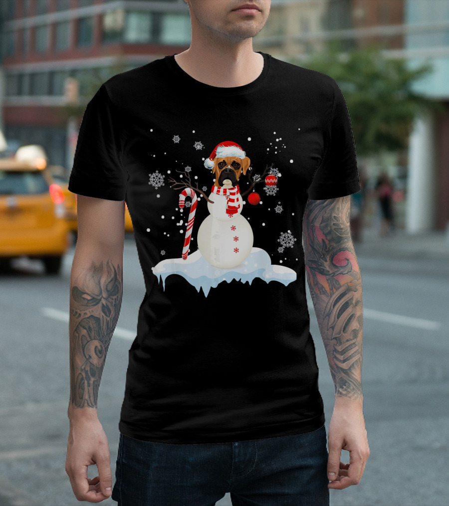 BullMastiff with Santa Hat as Snowman Holding Candy Cane with Snowflakes T-Shirt