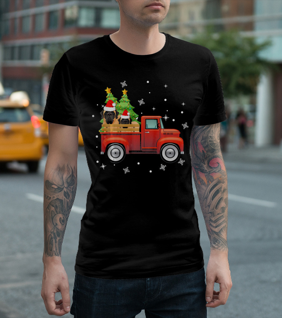 English Mastiff Red Truck Christmas Trees Snowflakes Santa Hats T-Shirt