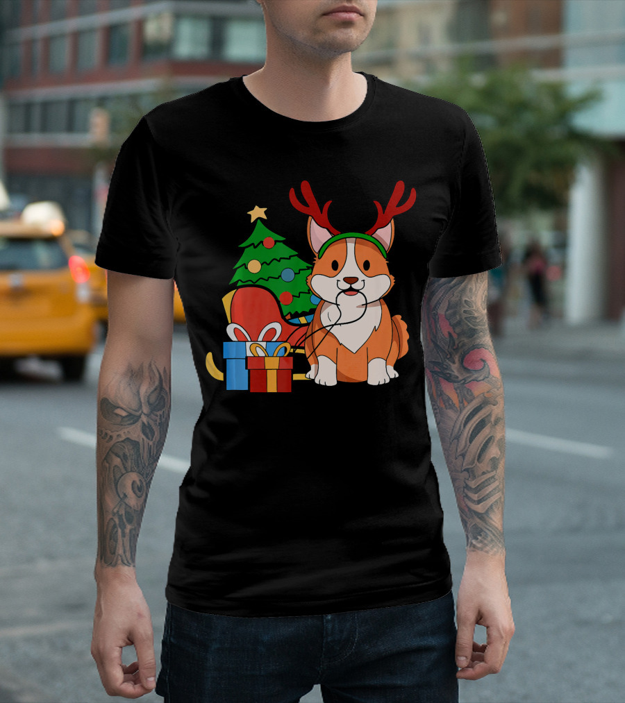Corgi Dog Santa Reindeer Christmas Tree and Gifts T-Shirt