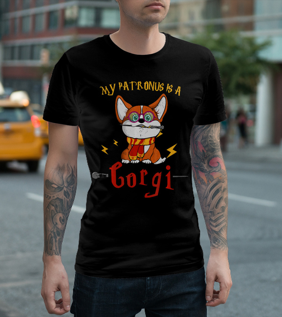 My Patronus Is A Corgi Wearing Glasses and Scarf with Lightning Bolts T-Shirt