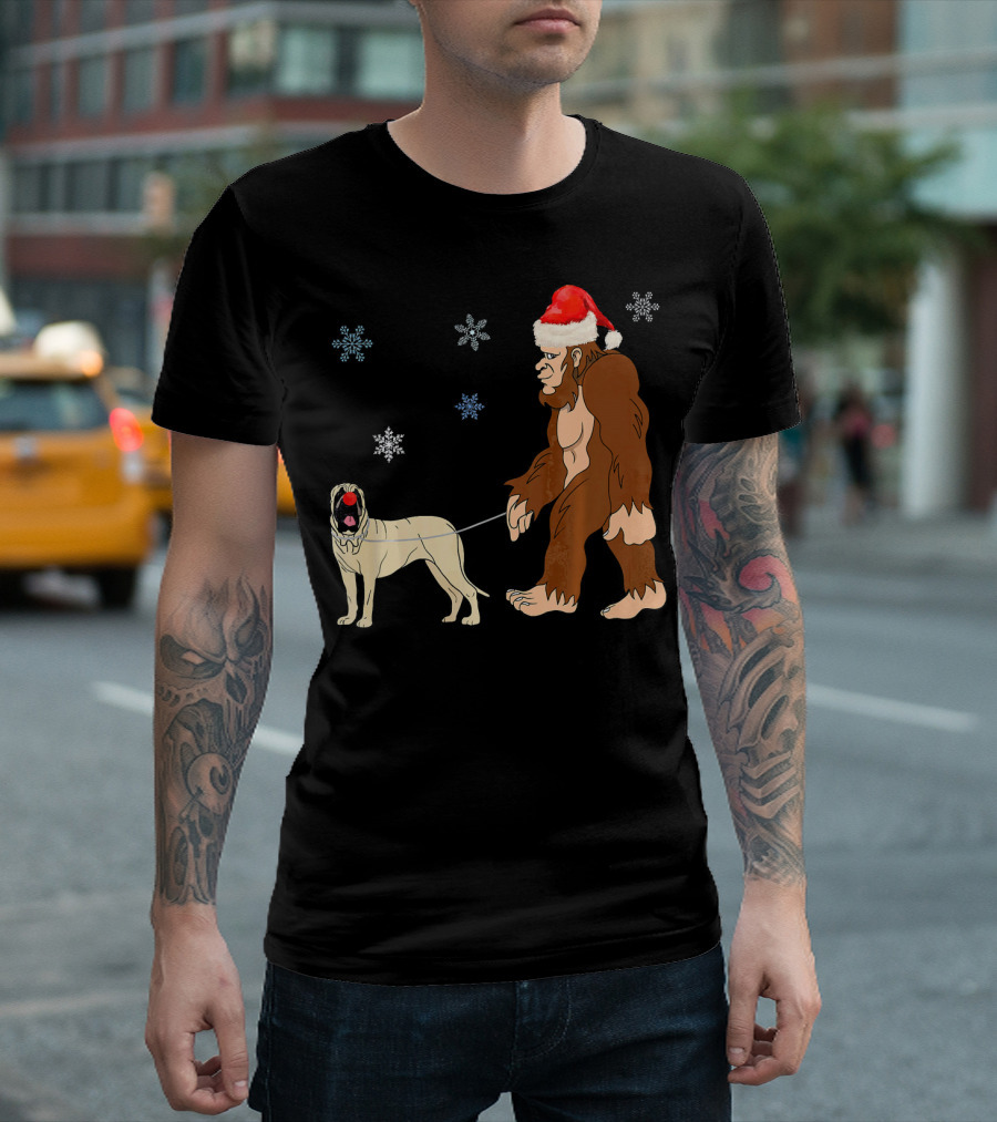 Bigfoot in Santa Hat Walking English Mastiff with Snowflakes T-Shirt