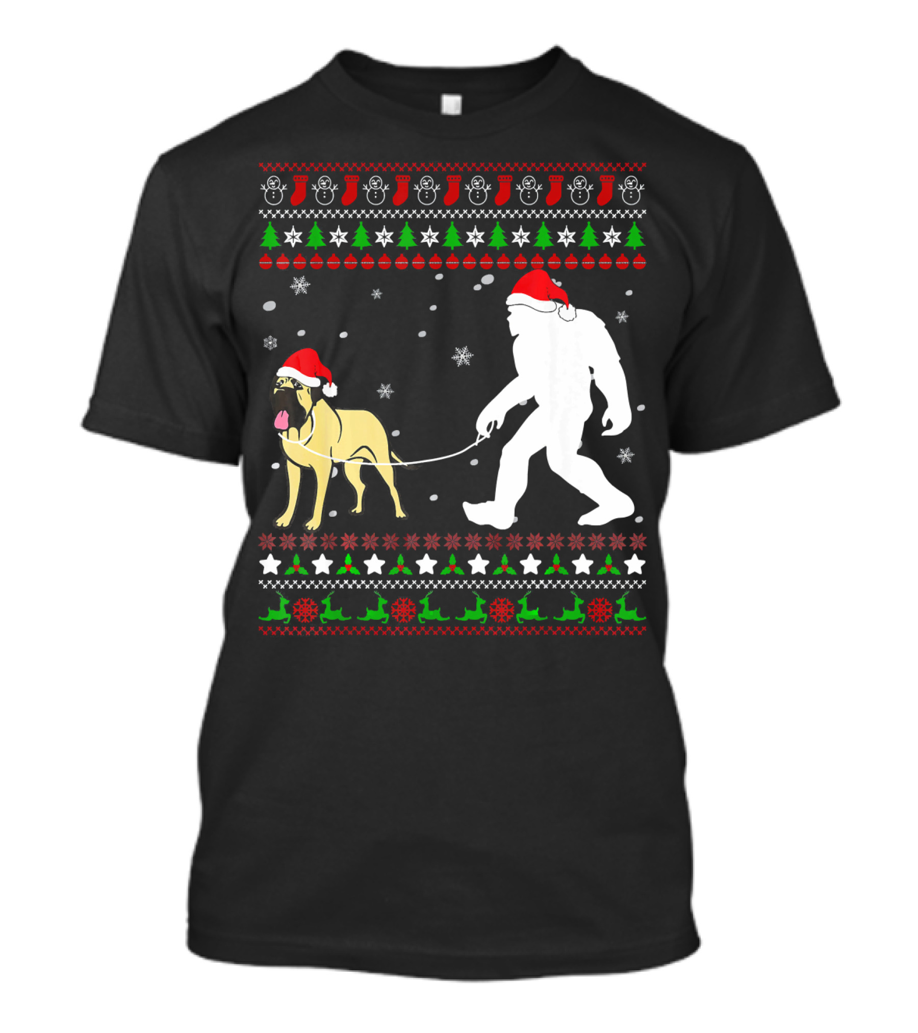 Bullmastiff With Bigfoot Christmas Ugly T-Shirt