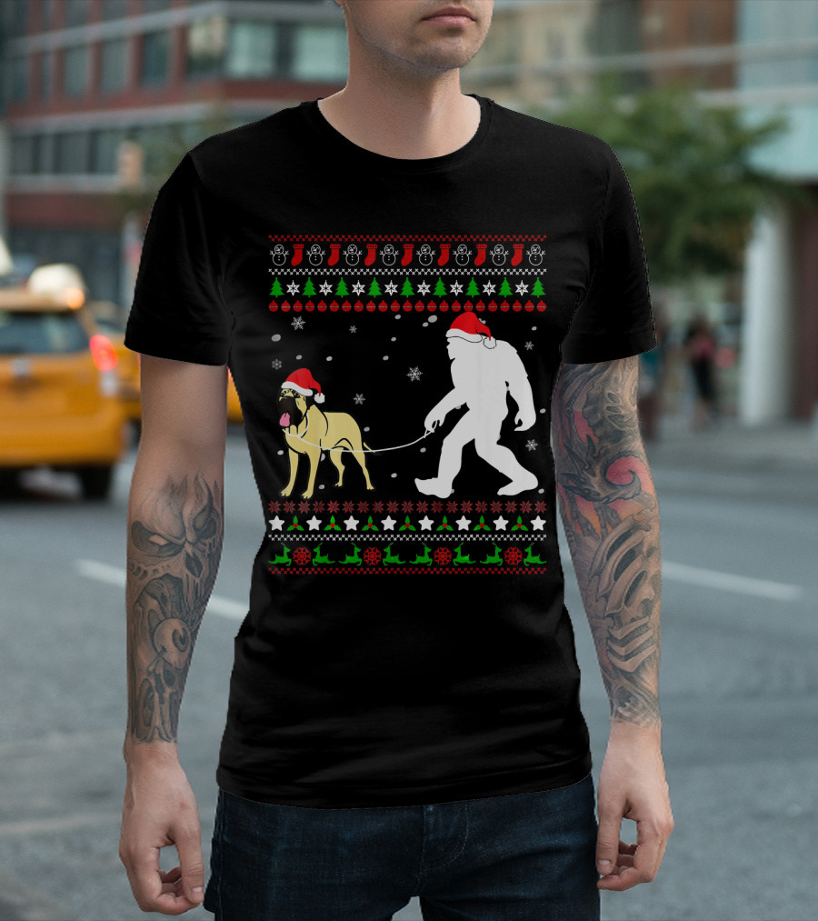Bullmastiff With Bigfoot Christmas Ugly T-Shirt