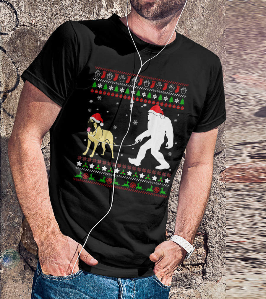 Bullmastiff With Bigfoot Christmas Ugly T-Shirt