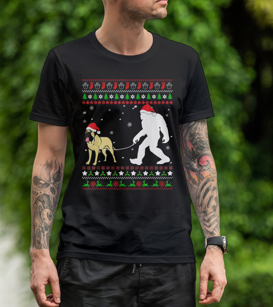 Bullmastiff With Bigfoot Christmas Ugly T-Shirt