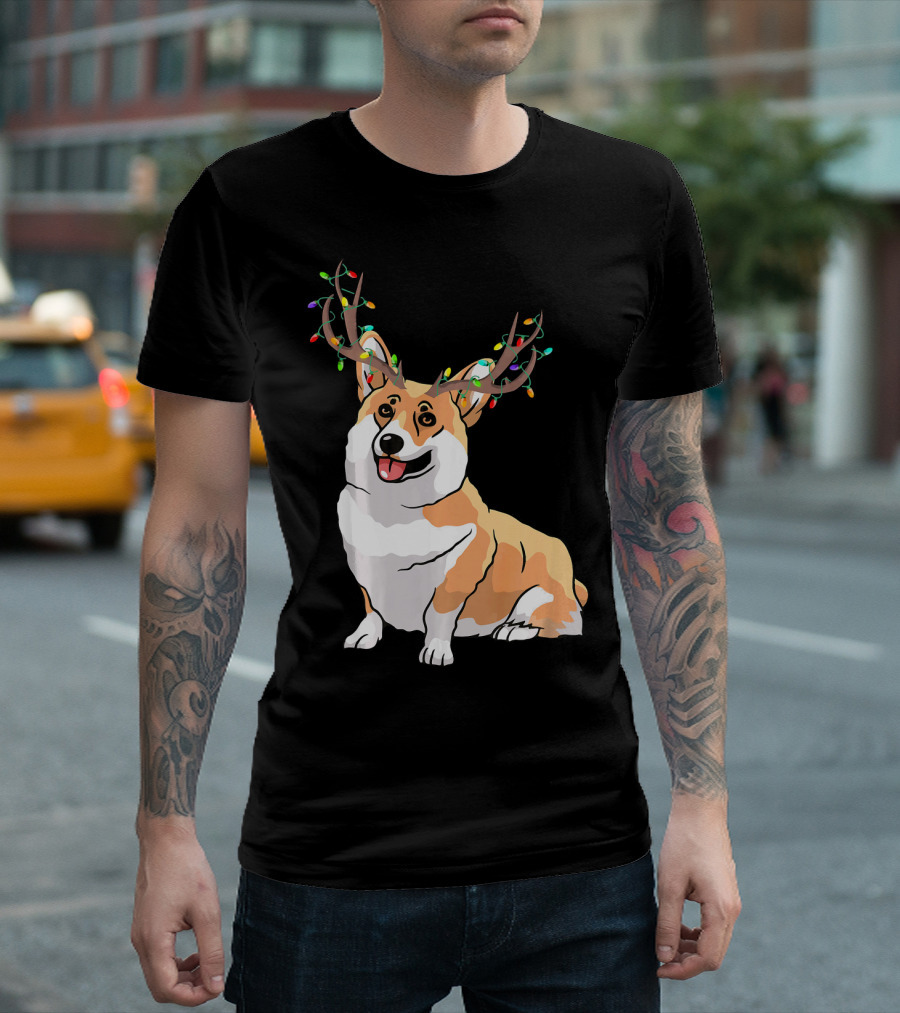 Corgi Reindeer Horns Funny Family Matching Holiday Lights T-Shirt