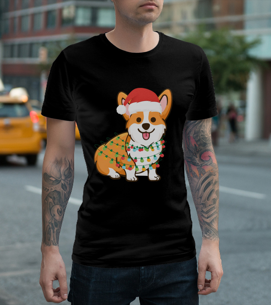 Corgi Santa Christmas Girls With Holiday Lights T-Shirt