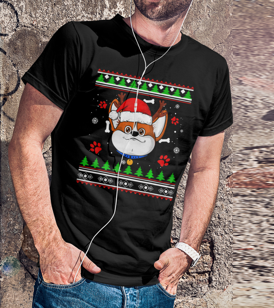 Corgi Santa Reindeer Hat Ugly Christmas T-Shirt