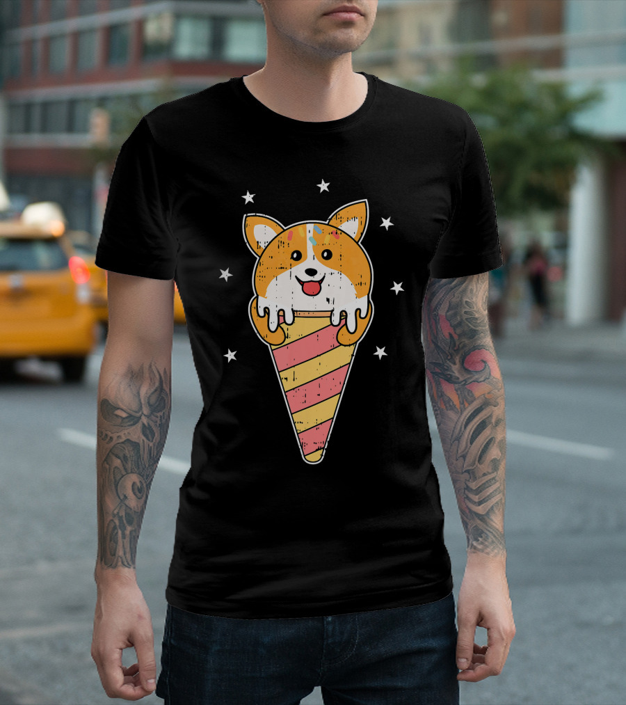 Corgi Dog Ice Cream Cone Melting Cute Stars T-Shirt