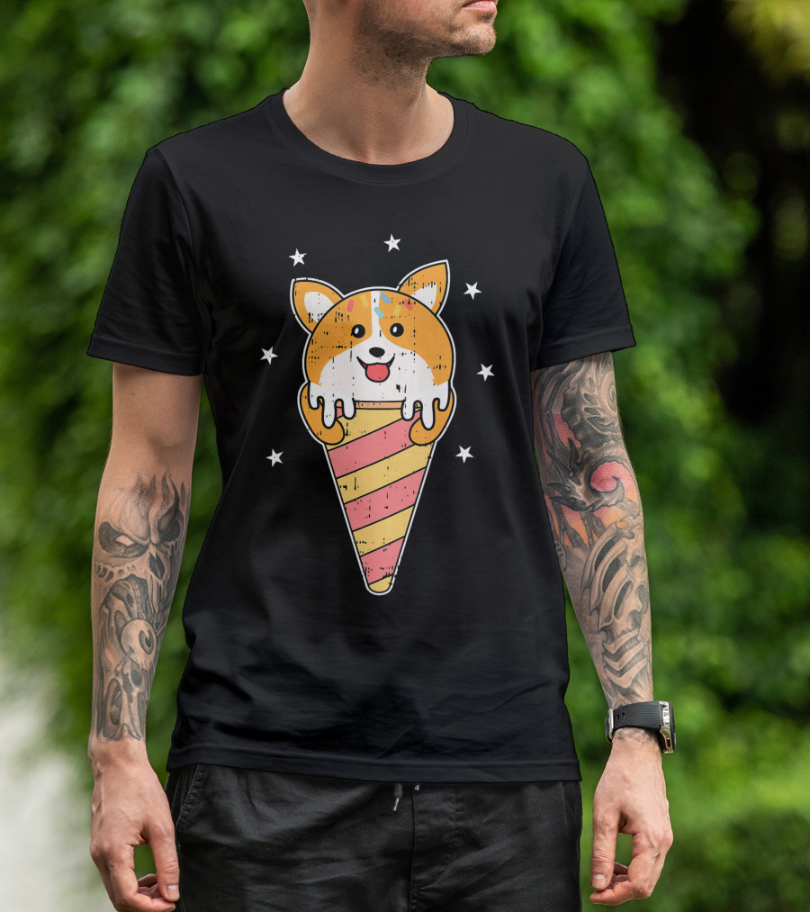 Corgi Dog Ice Cream Cone Melting Cute Stars T-Shirt