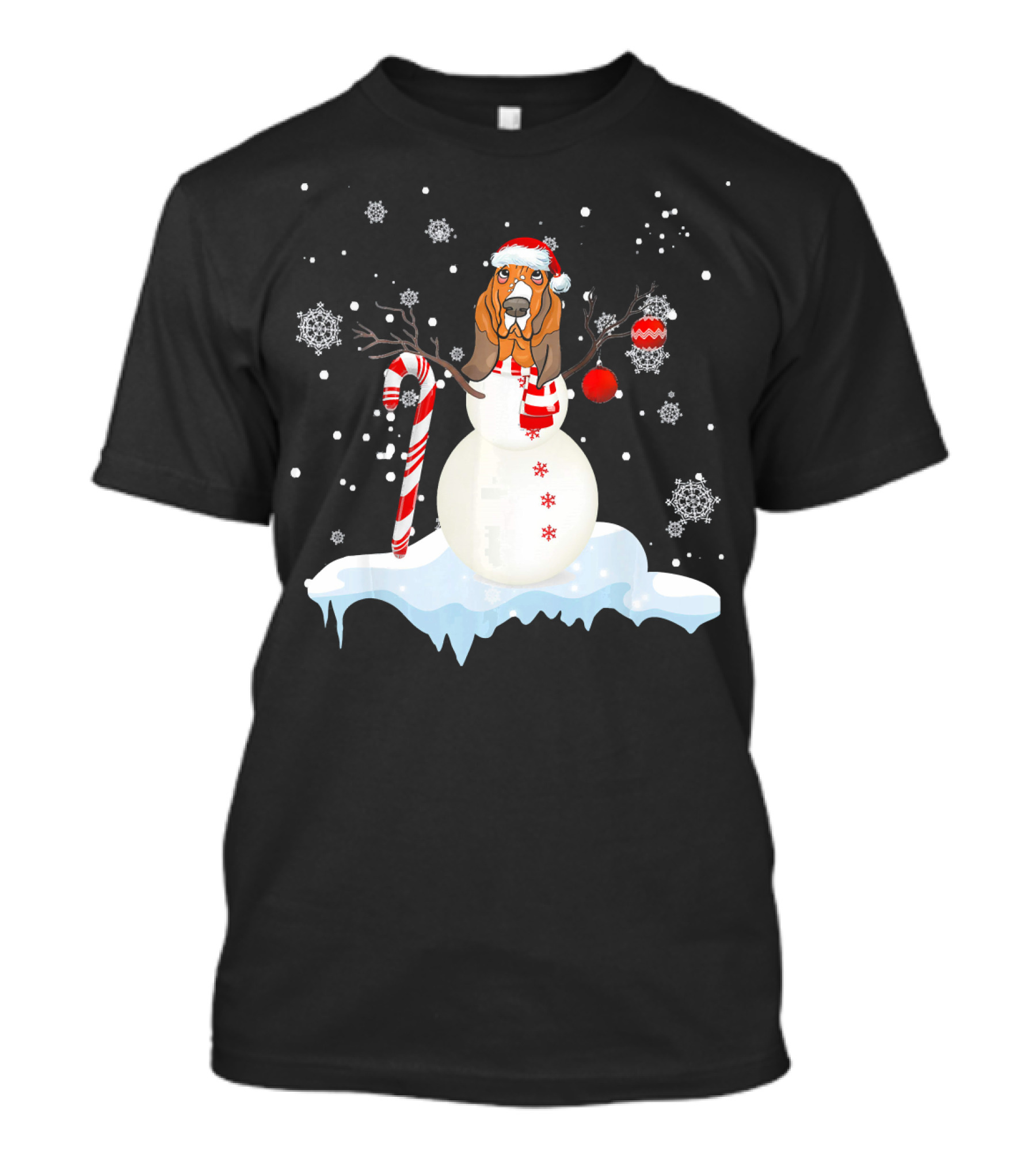 Basset Hound Snowman With Santa Hat And Candy Cane In Snowflakes Scene T-Shirt