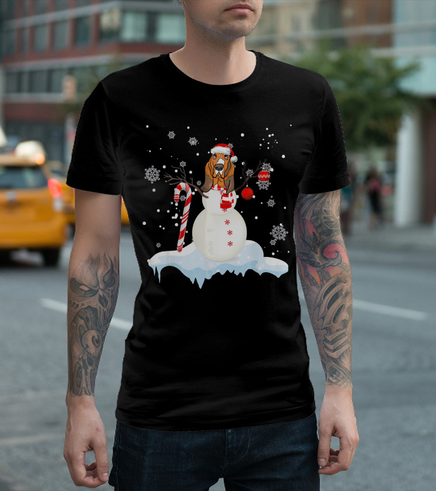 Basset Hound Snowman With Santa Hat And Candy Cane In Snowflakes Scene T-Shirt