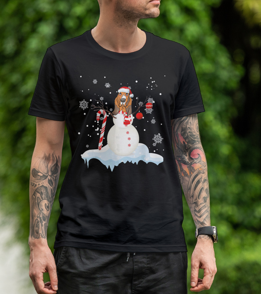 Basset Hound Snowman With Santa Hat And Candy Cane In Snowflakes Scene T-Shirt