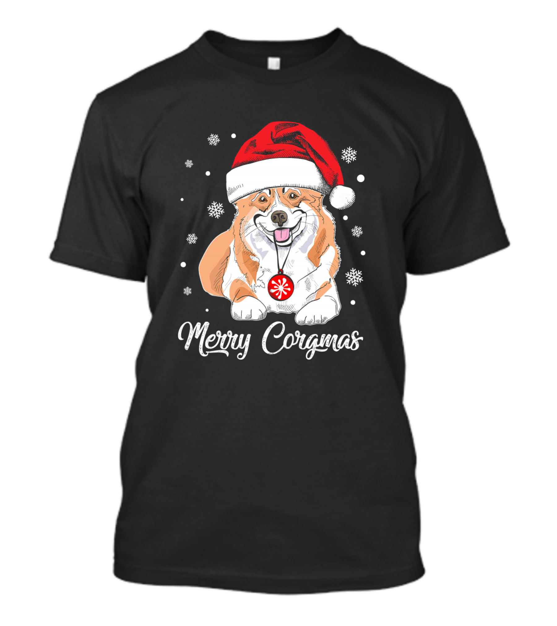 Merry Corgmas Corgi Christmas Santa Hat Snowflakes T-Shirt