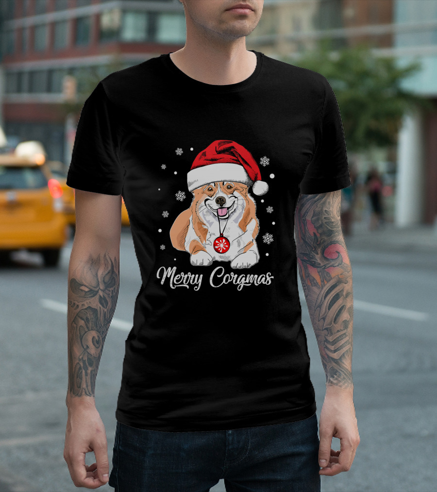 Merry Corgmas Corgi Christmas Santa Hat Snowflakes T-Shirt