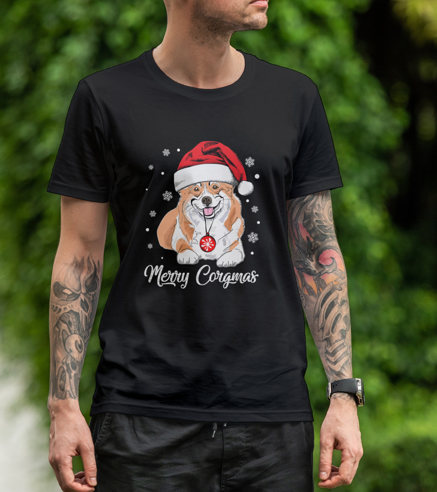 Merry Corgmas Corgi Christmas Santa Hat Snowflakes T-Shirt