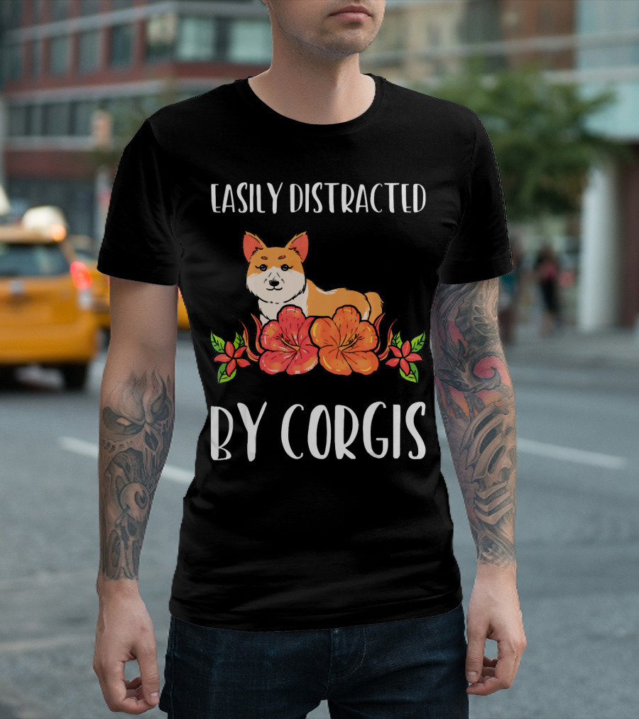 Easily Distracted By Corgis With Flowers T-Shirt