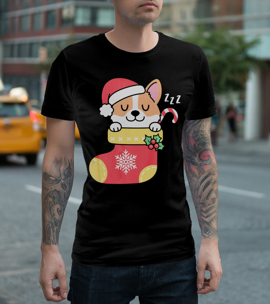 Cute Little Corgi Sleeping in Xmas Sock with Santa Hat and Candy Cane T-Shirt