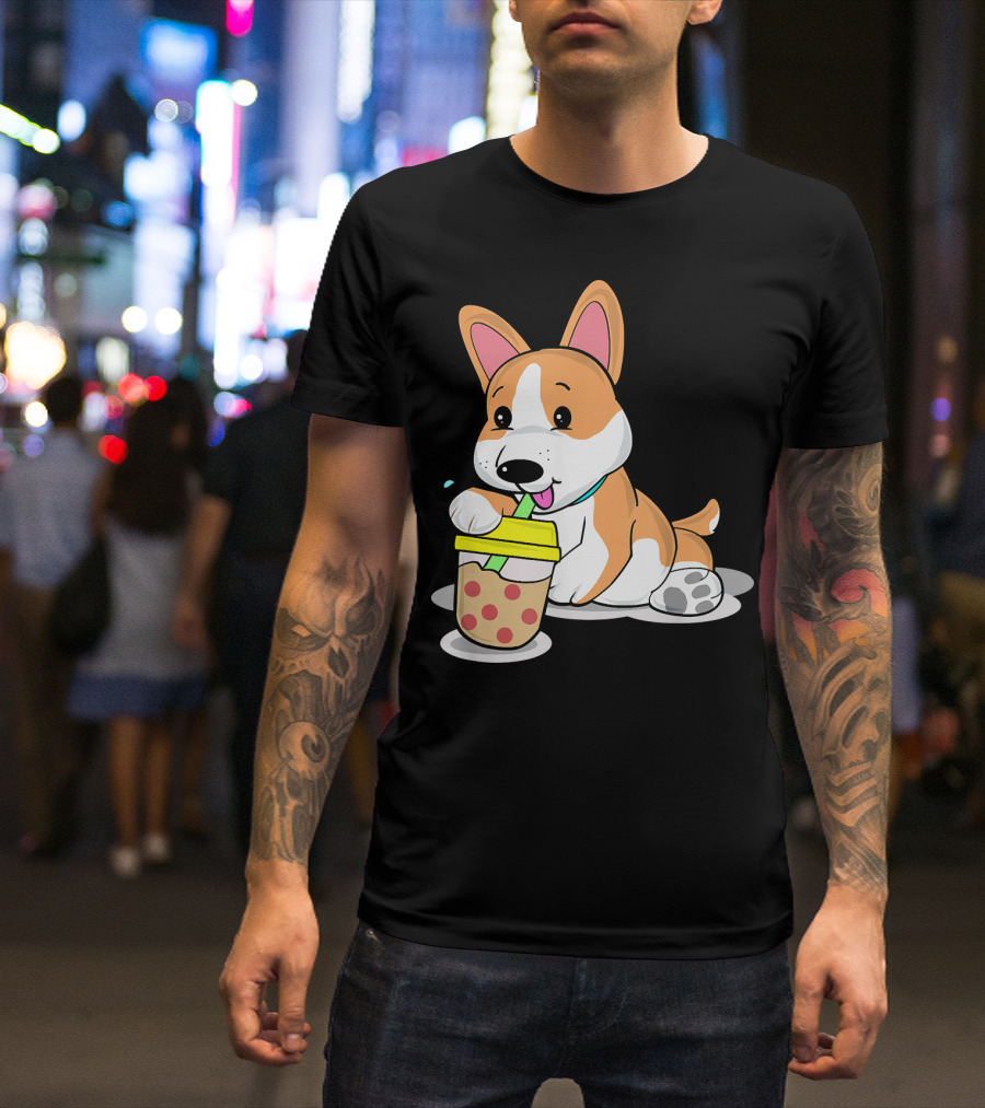 Boba Tea Corgi Dog Lover Kawaii Japanese Cute Corgi Drinking Bubble Tea T-Shirt