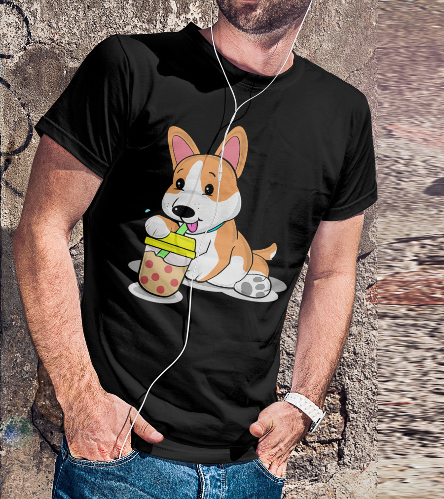 Boba Tea Corgi Dog Lover Kawaii Japanese Cute Corgi Drinking Bubble Tea T-Shirt