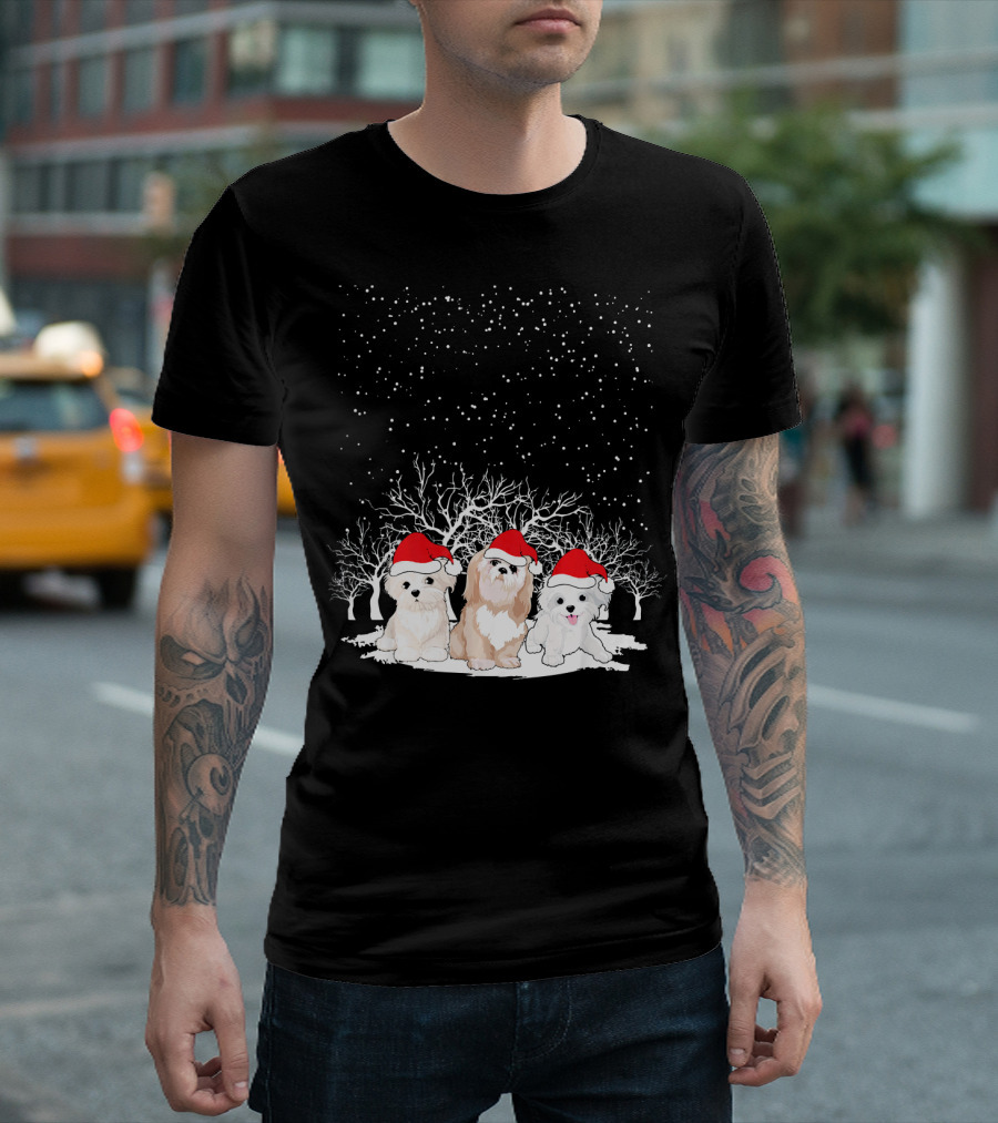 Cute Havanese Christmas Snow Dog Trio with Santa Hats in Winter Wonderland T-Shirt