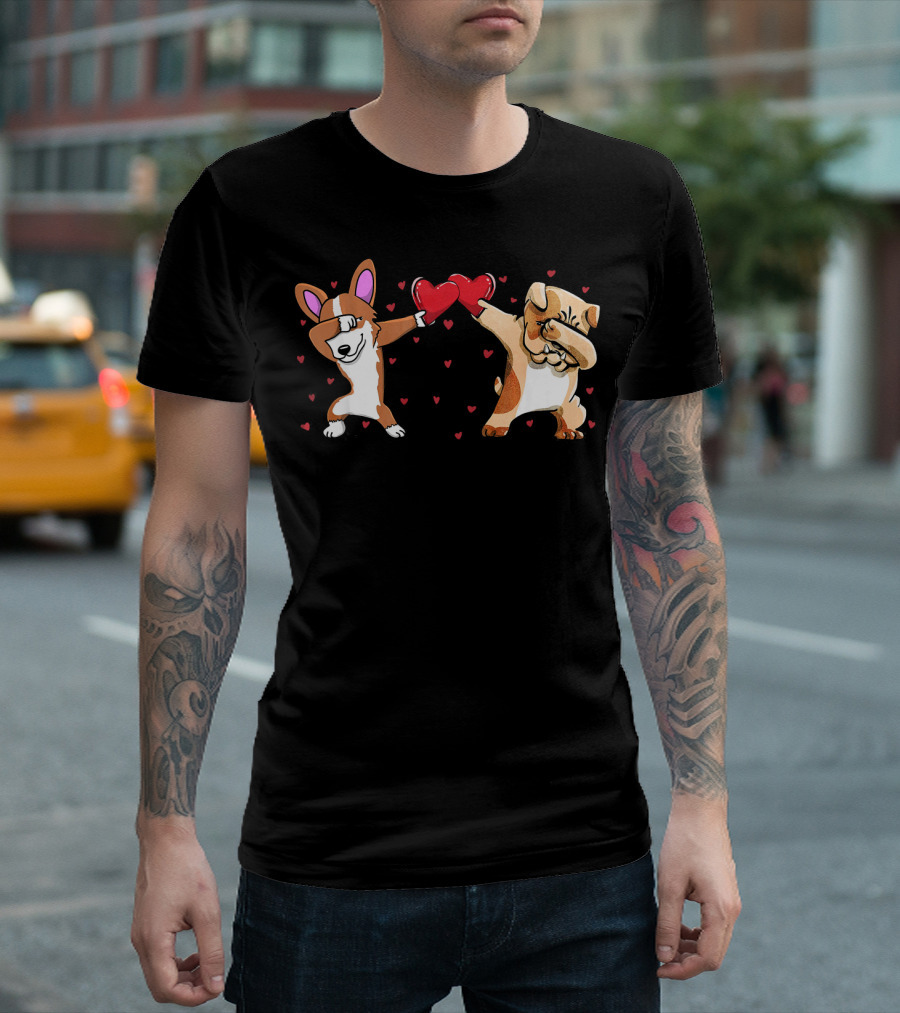 Dabbing Corgi and Bulldog with Hearts Valentines T-Shirt