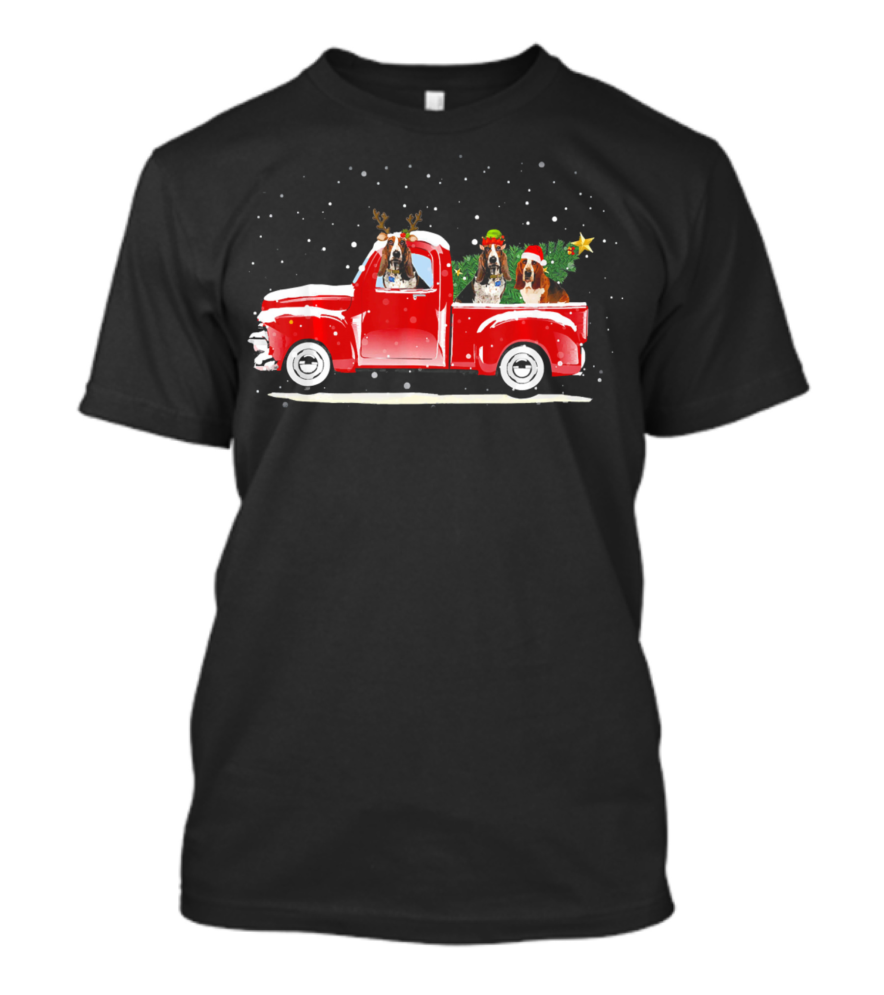 Basset Hound Christmas Red Truck Snowflakes T-Shirt