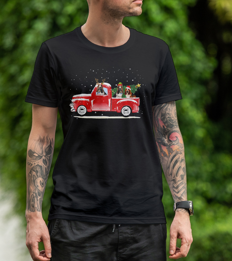 Basset Hound Christmas Red Truck Snowflakes T-Shirt