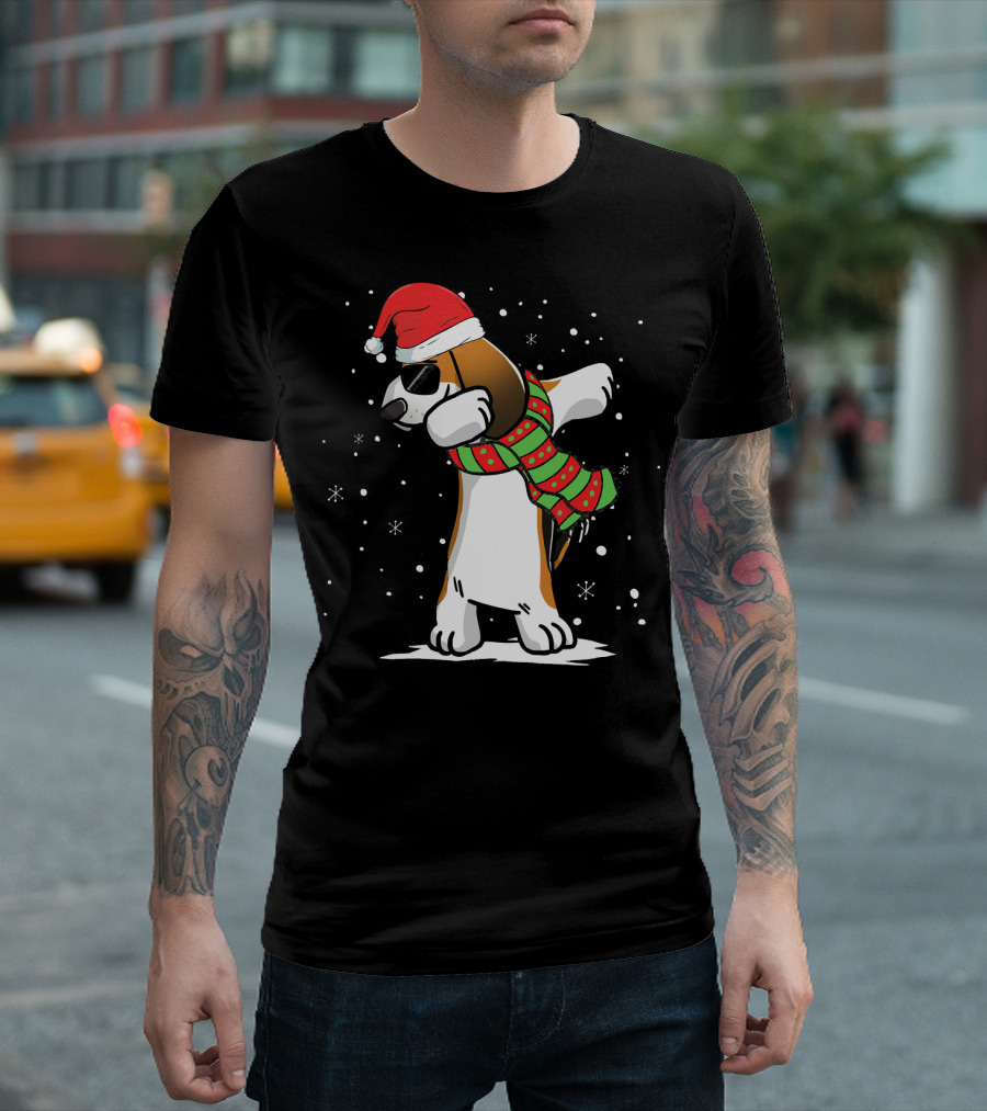Dabbing Basset Hound Santa Hat Christmas Scarf Snowflakes T-Shirt