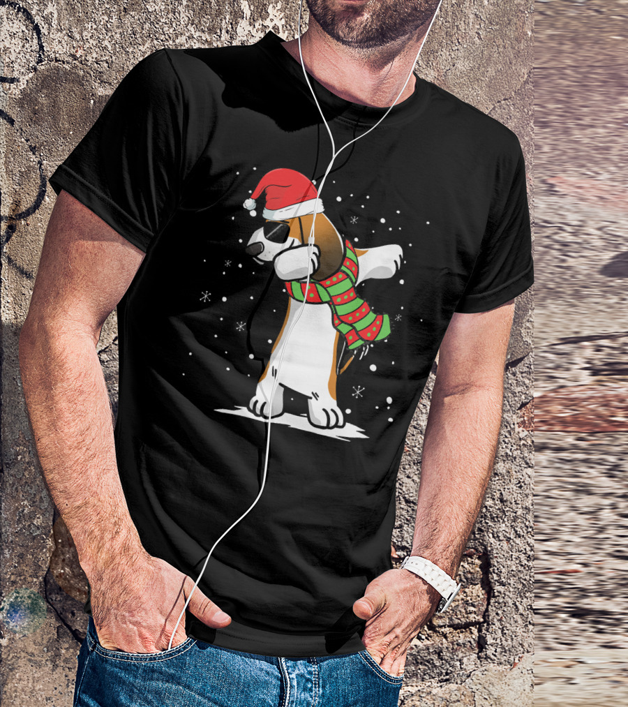 Dabbing Basset Hound Santa Hat Christmas Scarf Snowflakes T-Shirt