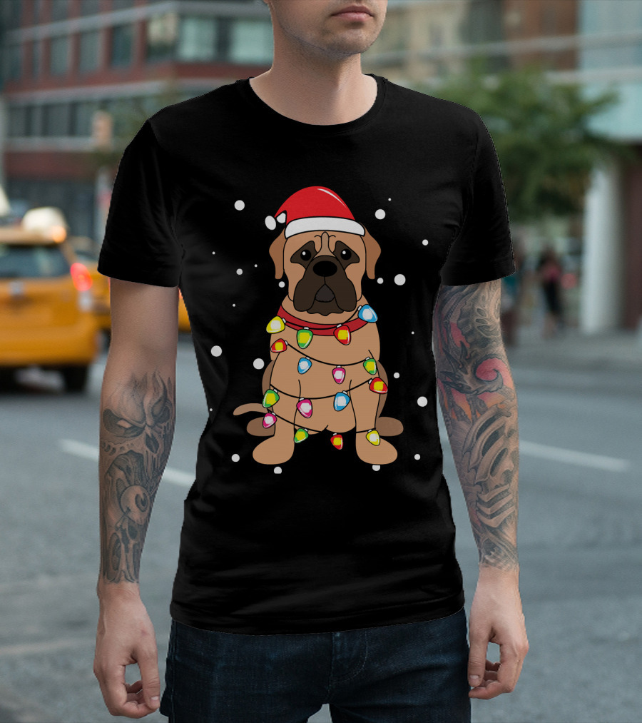 Bullmastiff Christmas Lights Santa Hat Dog T-Shirt