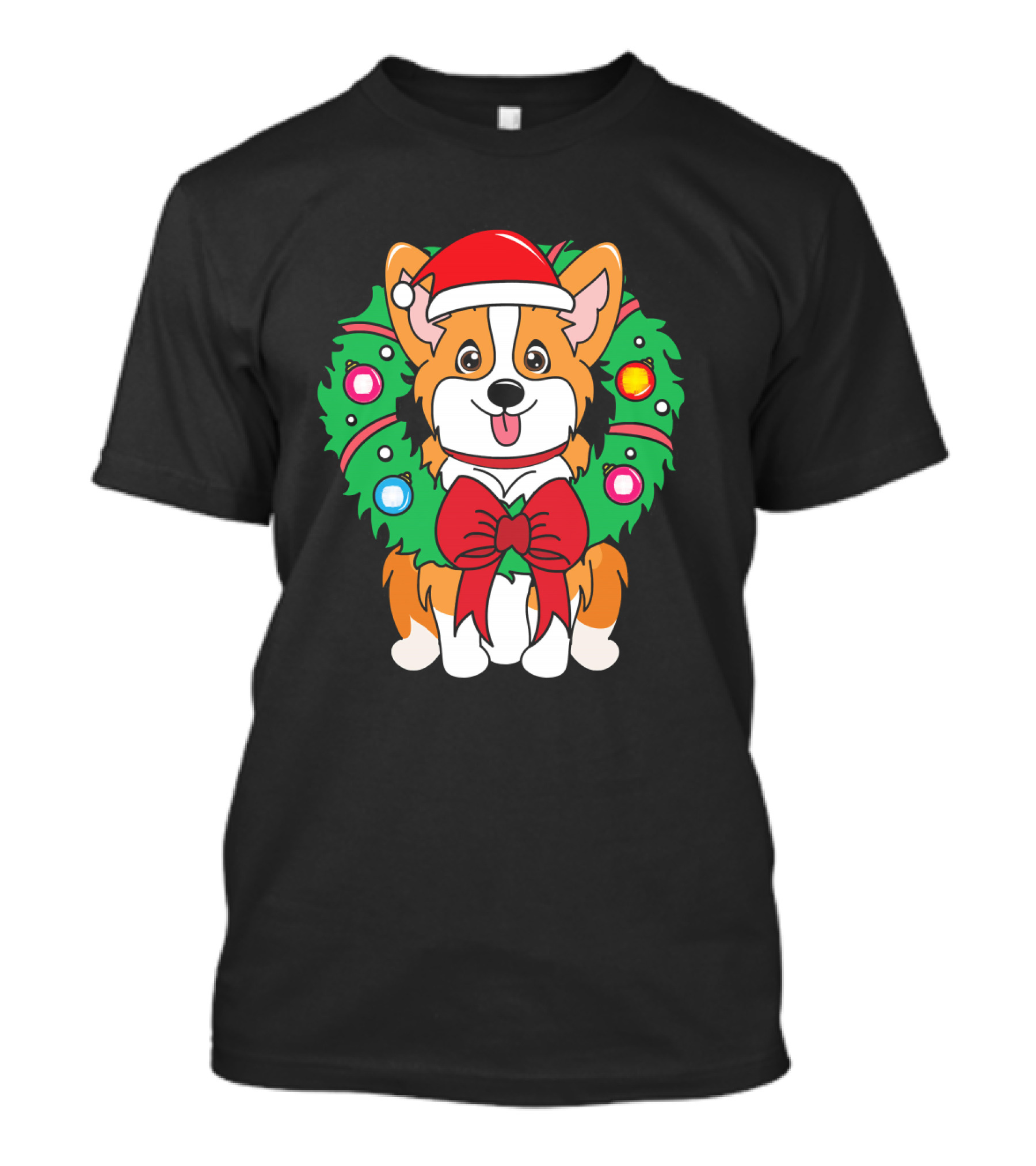 Corgi With Santa Hat And Christmas Wreath With Bow And Ornaments T-Shirt