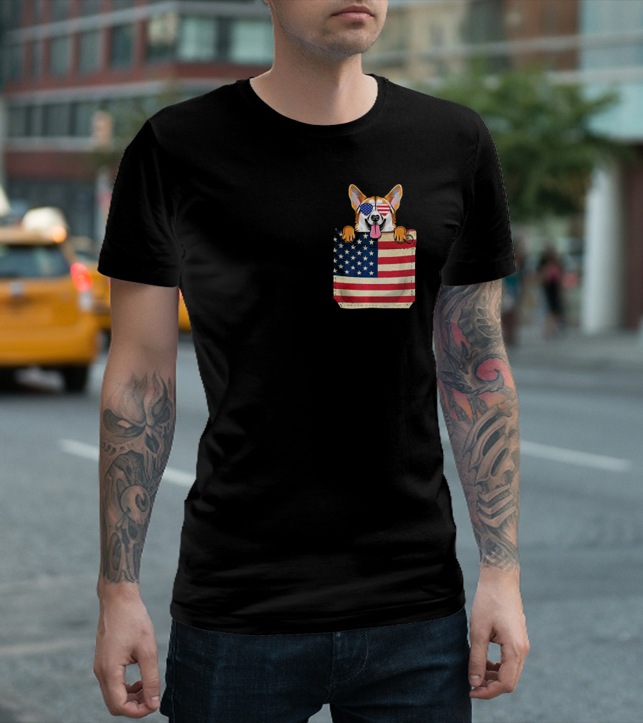 Corgi With American Flag Wearing Sunglasses In Pocket T-Shirt