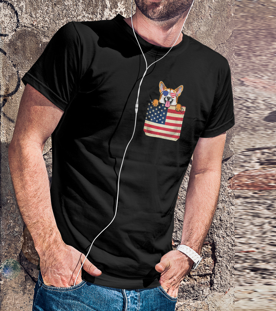 Corgi With American Flag Wearing Sunglasses In Pocket T-Shirt