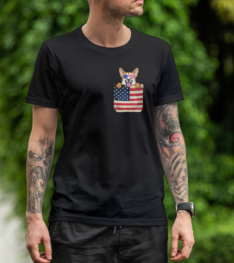 Corgi With American Flag Wearing Sunglasses In Pocket T-Shirt