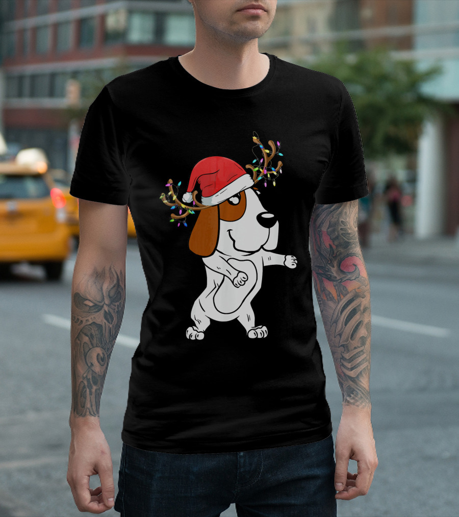 Basset Hound Christmas Antlers Lights Santa Hat T-Shirt