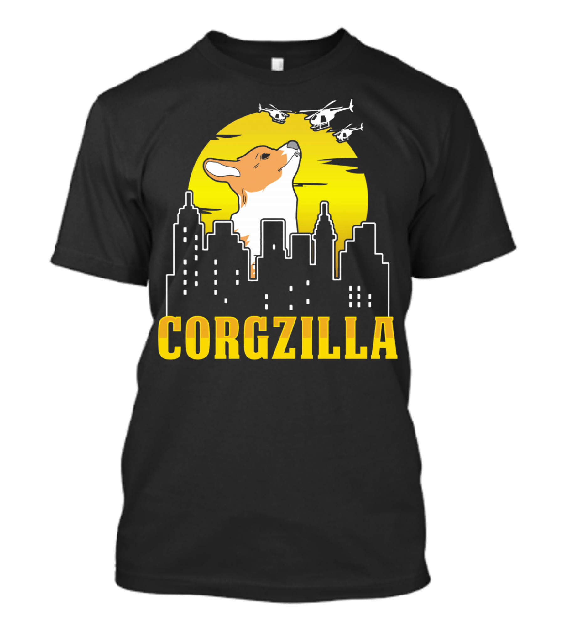 Corgzilla Funny Dog Corgi Cityscape Helicopters Yellow Sky T-Shirt