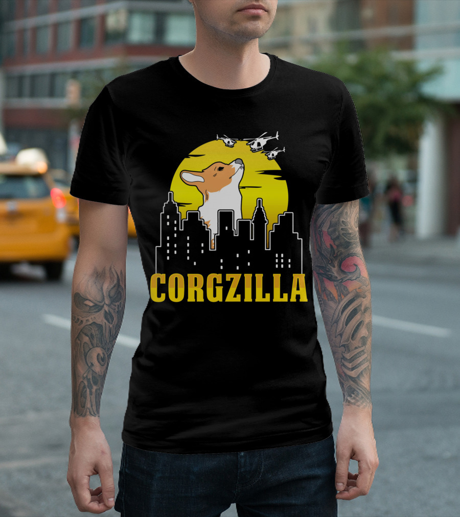 Corgzilla Funny Dog Corgi Cityscape Helicopters Yellow Sky T-Shirt