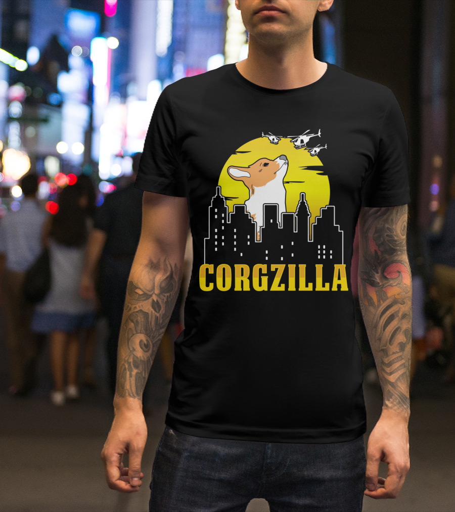 Corgzilla Funny Dog Corgi Cityscape Helicopters Yellow Sky T-Shirt