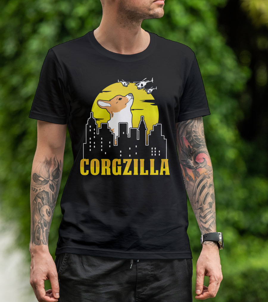 Corgzilla Funny Dog Corgi Cityscape Helicopters Yellow Sky T-Shirt