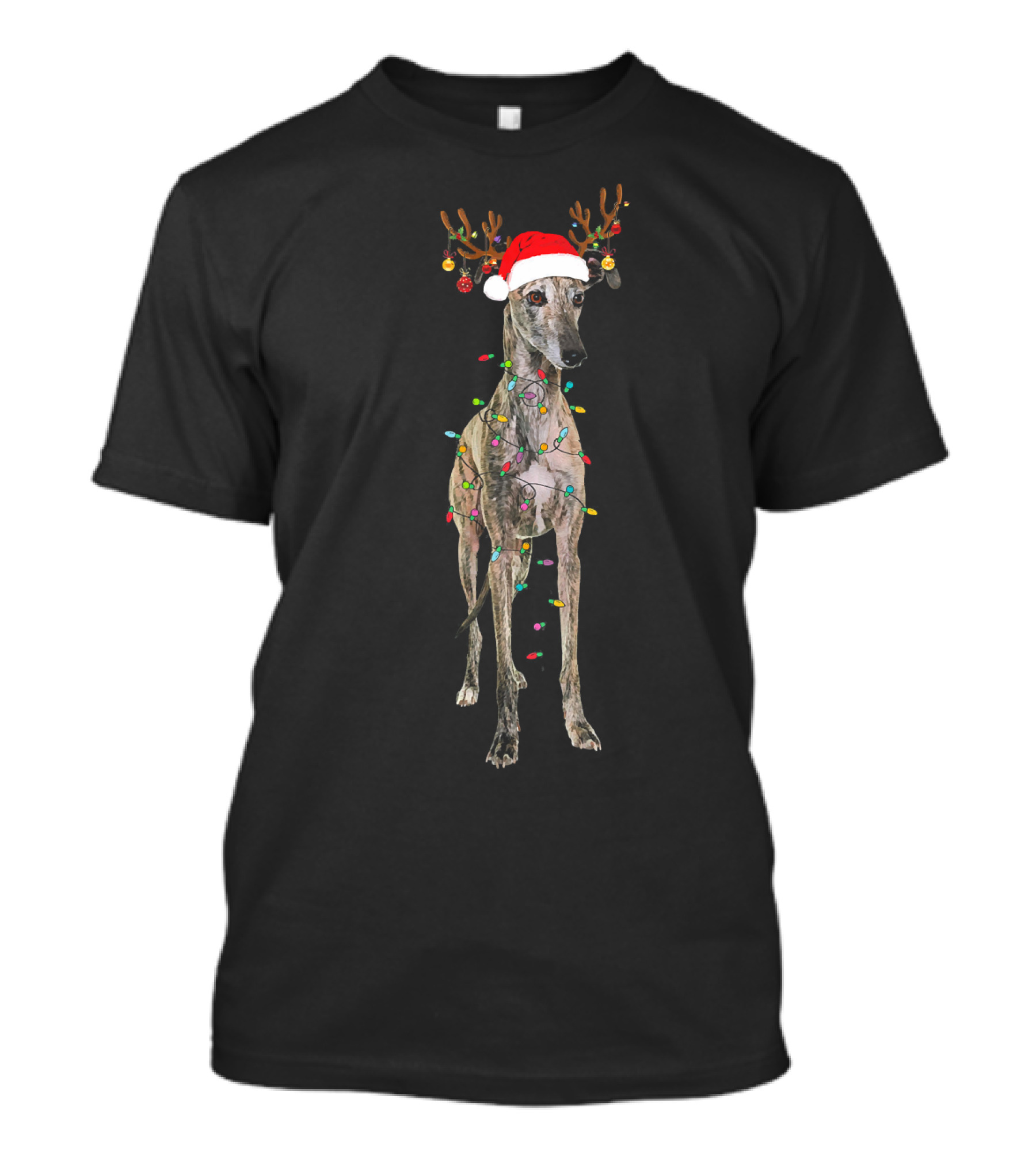 Christmas Greyhound Reindeer Santa Hat Holiday Lights T-Shirt