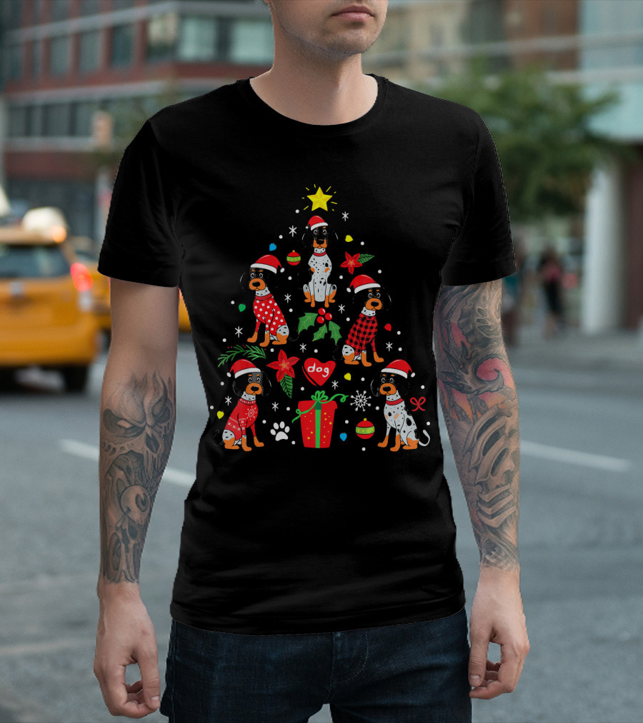 Dog Bluetick Coonhound Christmas Ornament Tree with Santa Hats and Gifts T-Shirt