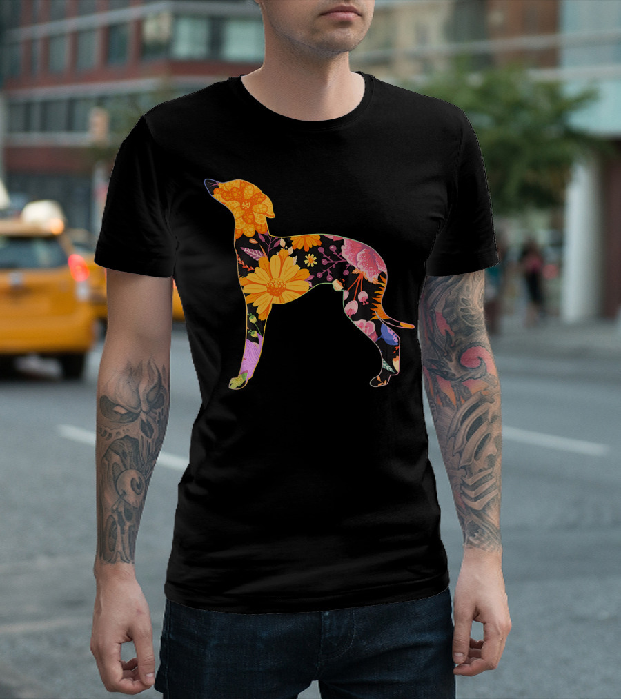 Floral Flower Vintage Retro Italian Greyhound Silhouette With Colorful Bloom T-Shirt