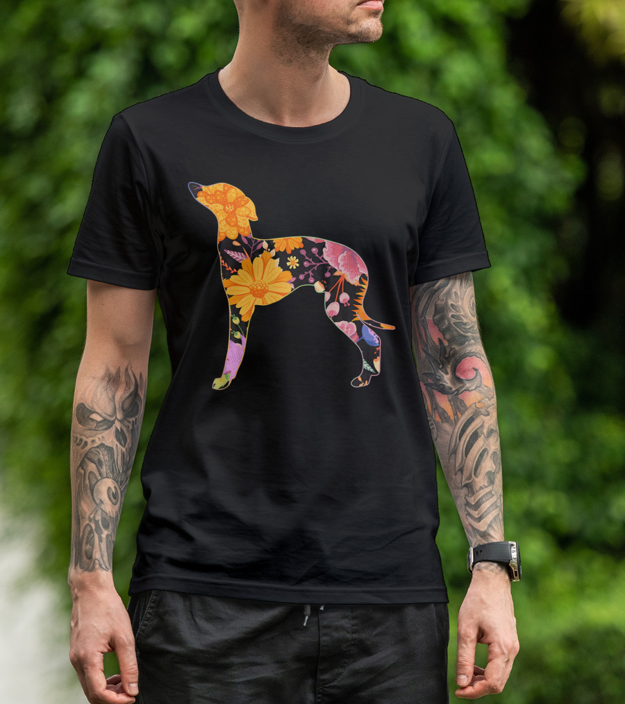 Floral Flower Vintage Retro Italian Greyhound Silhouette With Colorful Bloom T-Shirt