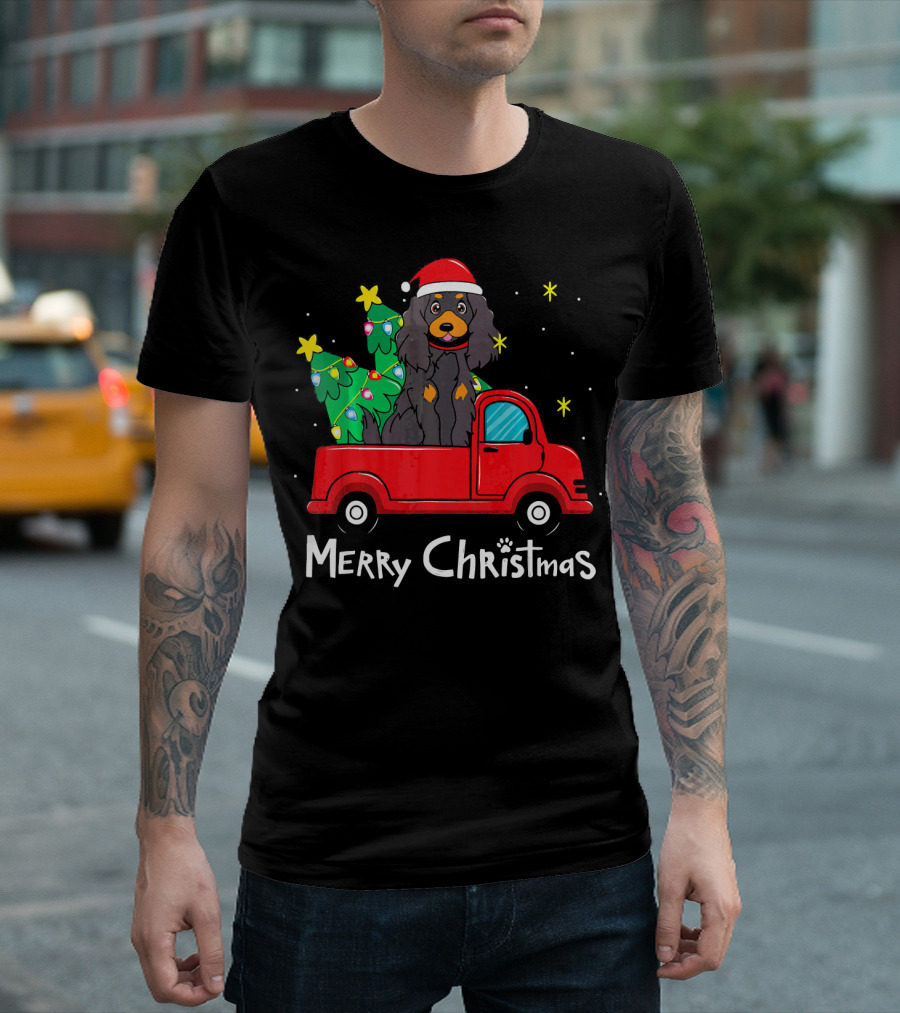 Merry Christmas Gordon Setter Truck With Tree T-Shirt