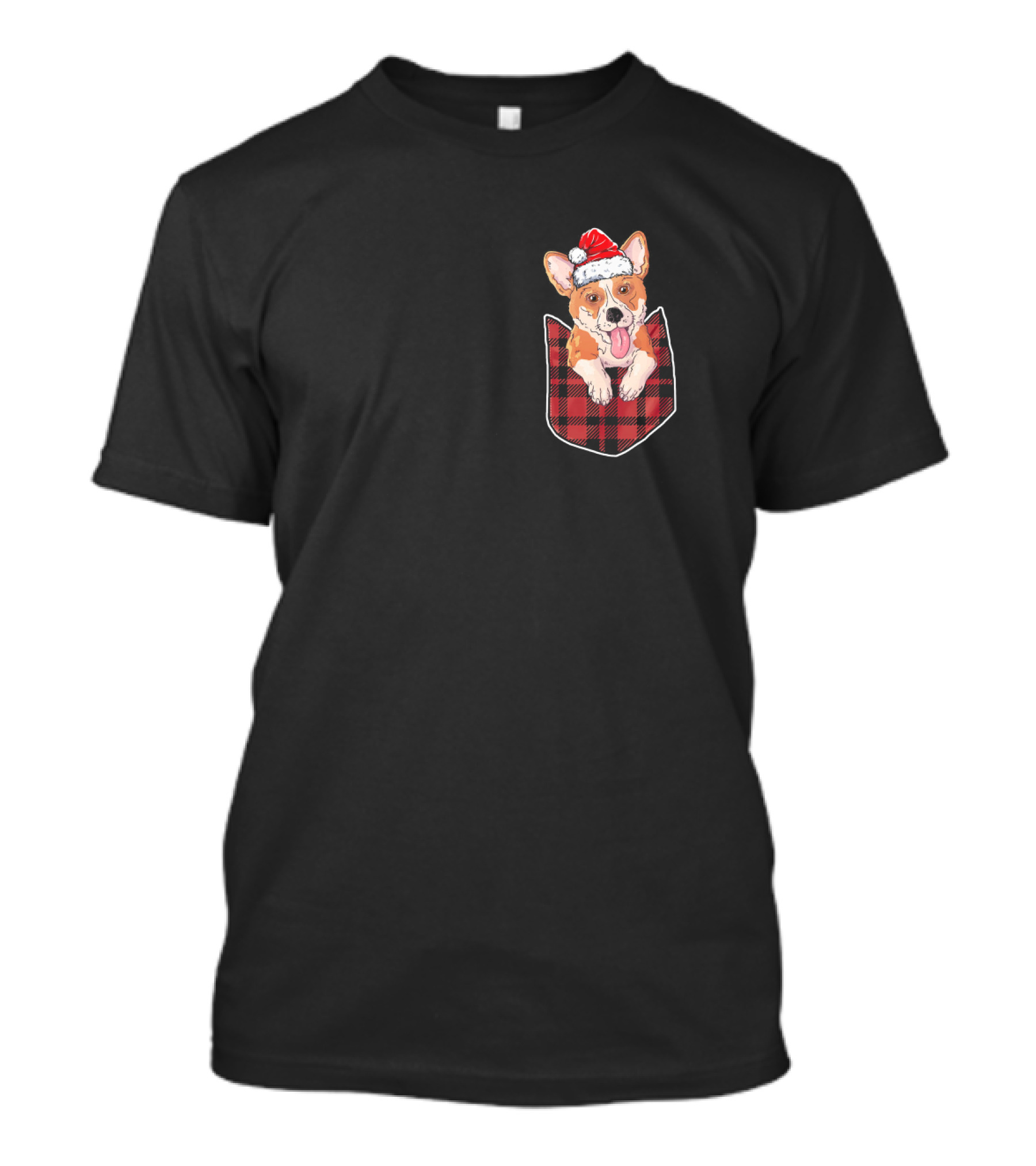 Corgi Santa Hat In Christmas Plaid Pocket T-Shirt
