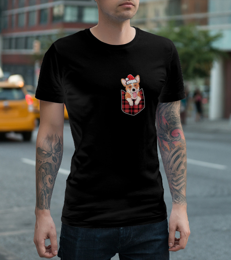 Corgi Santa Hat In Christmas Plaid Pocket T-Shirt