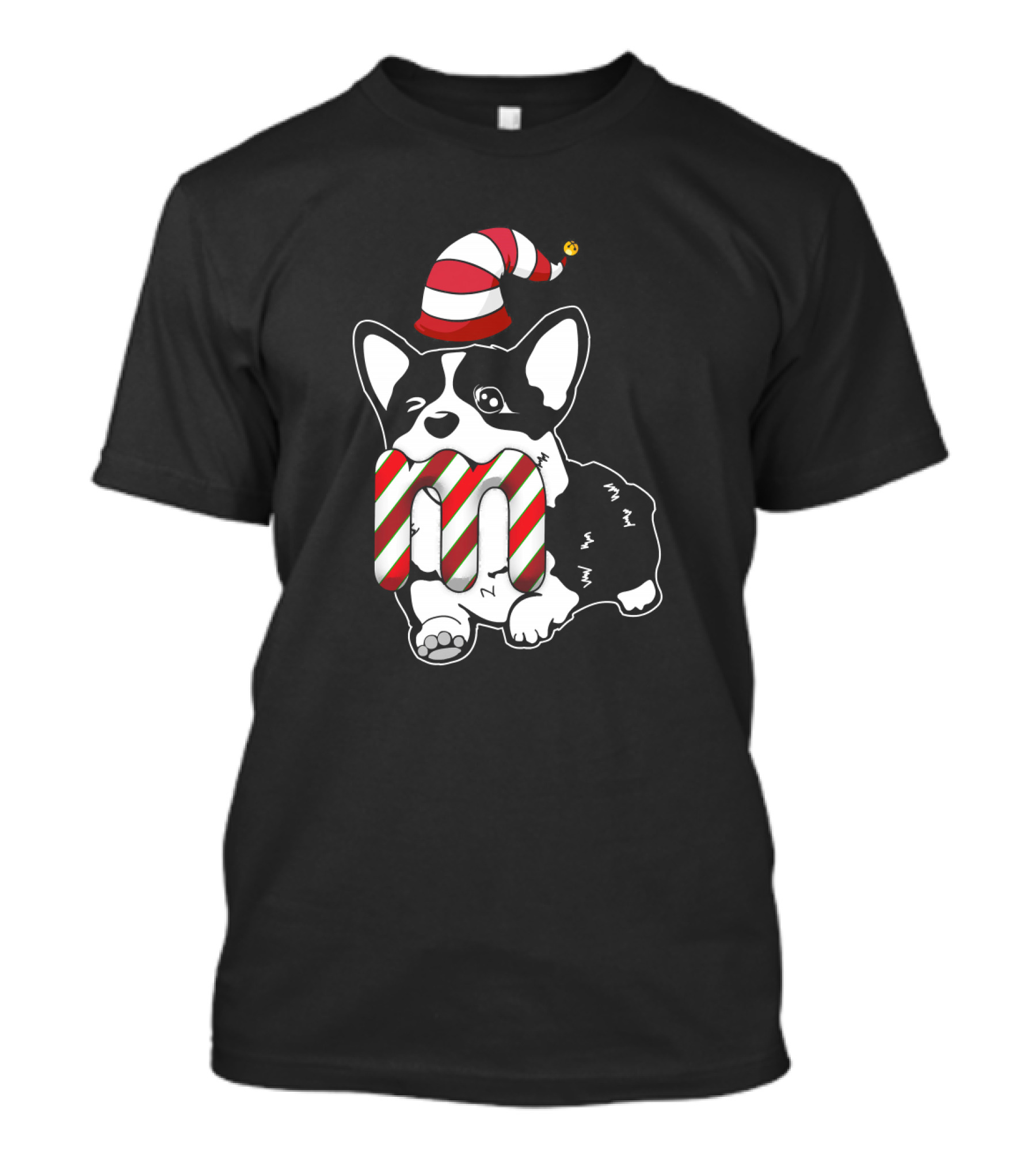 Corgi Candy Cane M Letter Christmas Striped Hat T-Shirt