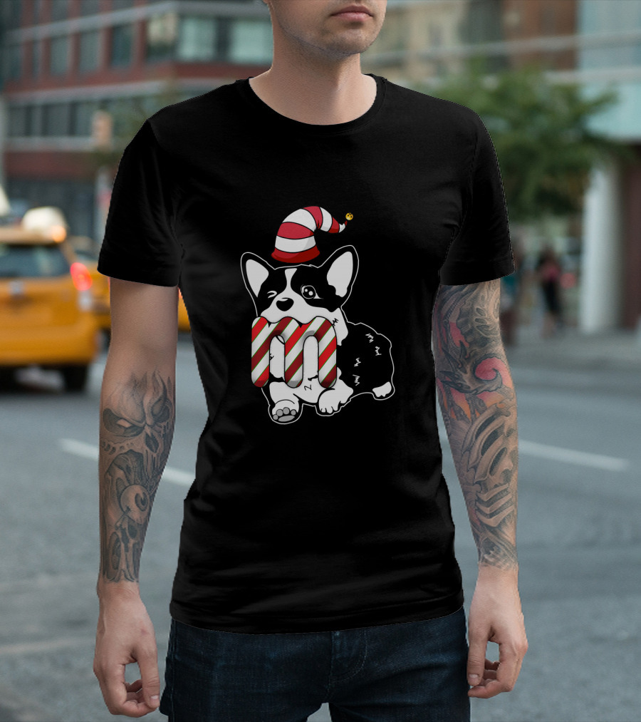 Corgi Candy Cane M Letter Christmas Striped Hat T-Shirt